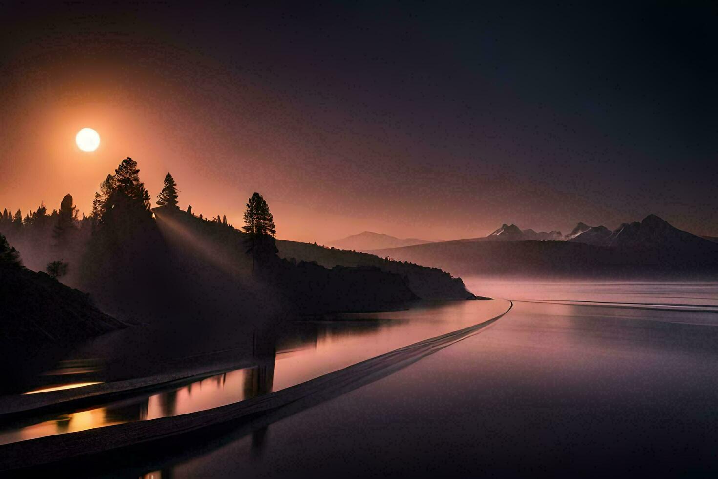 the sun rises over a lake and mountains. AI-Generated photo