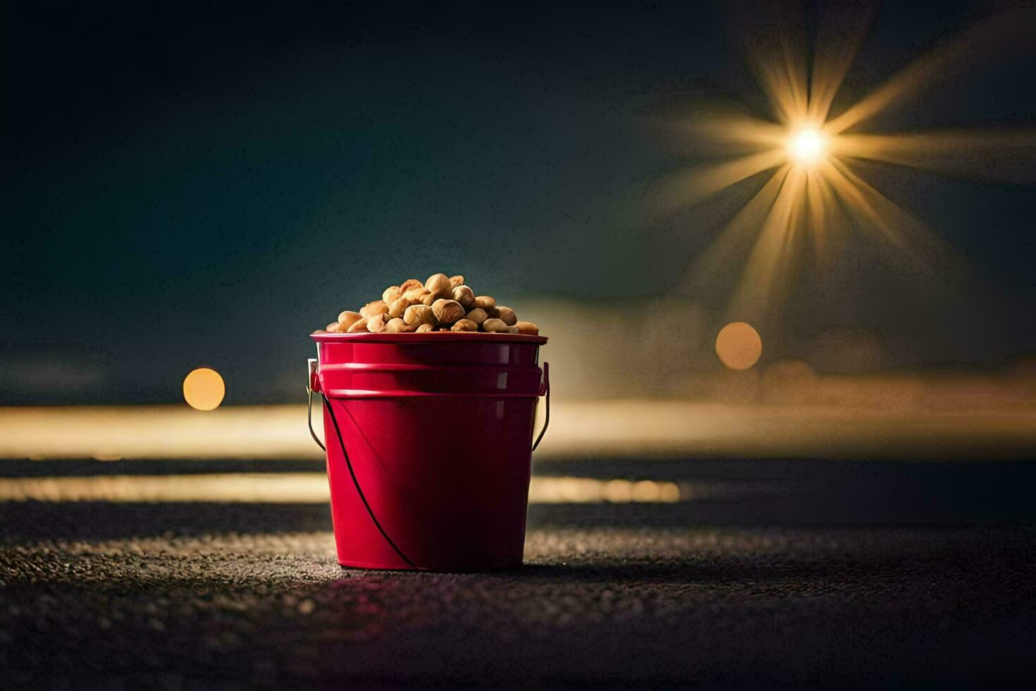 a bucket of peanuts on a road at night. AI-Generated photo