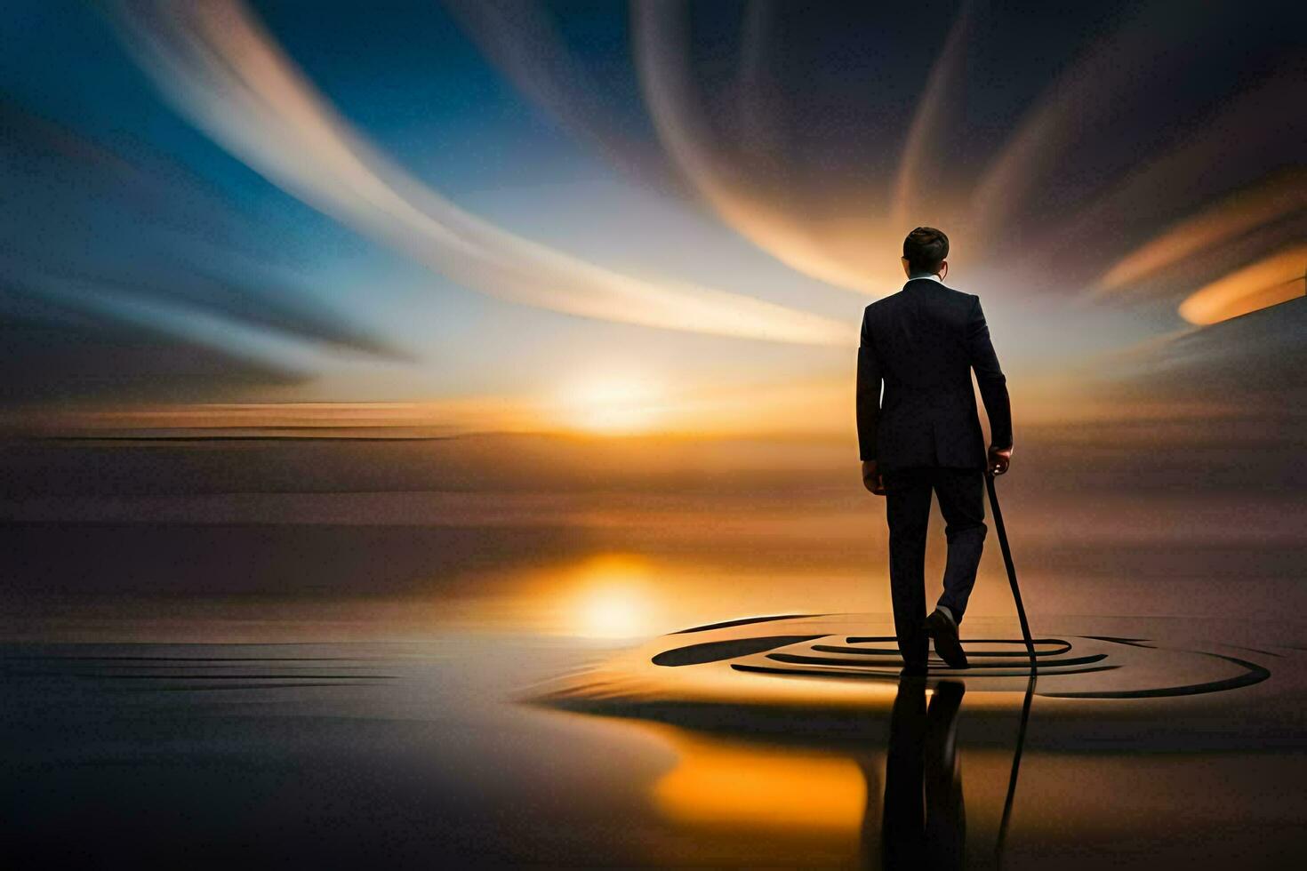 un hombre en un traje soportes en un rock en el agua. generado por ai foto