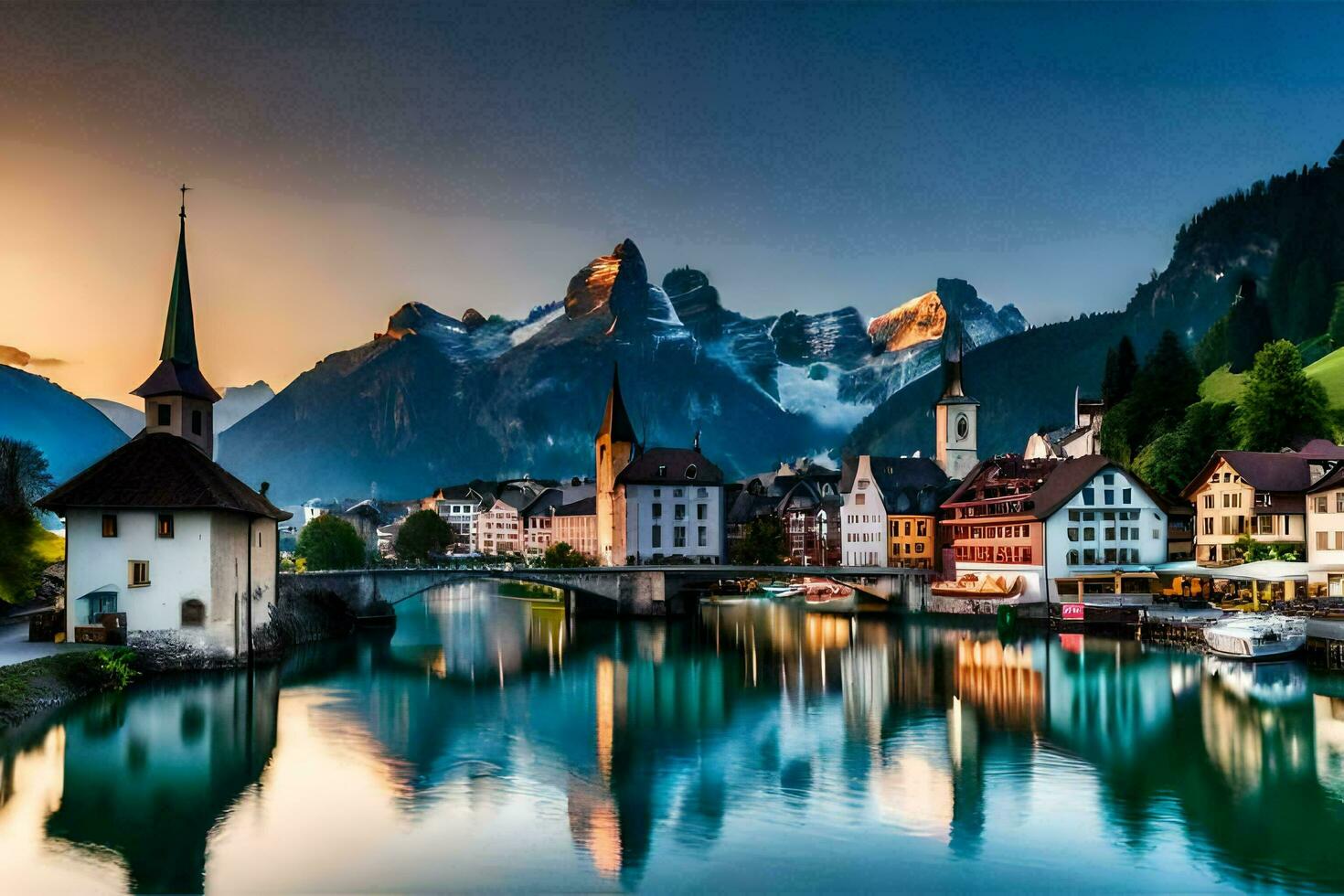 the beautiful town of switzerland at sunset. AI-Generated photo