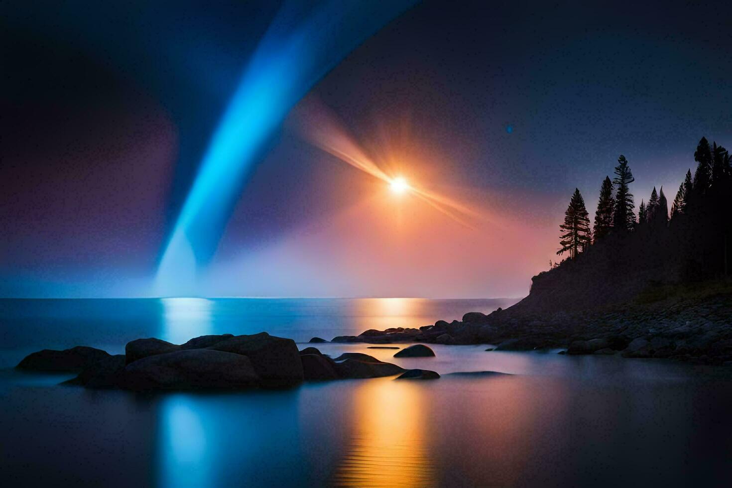 a bright blue light shines over the water. AI-Generated photo