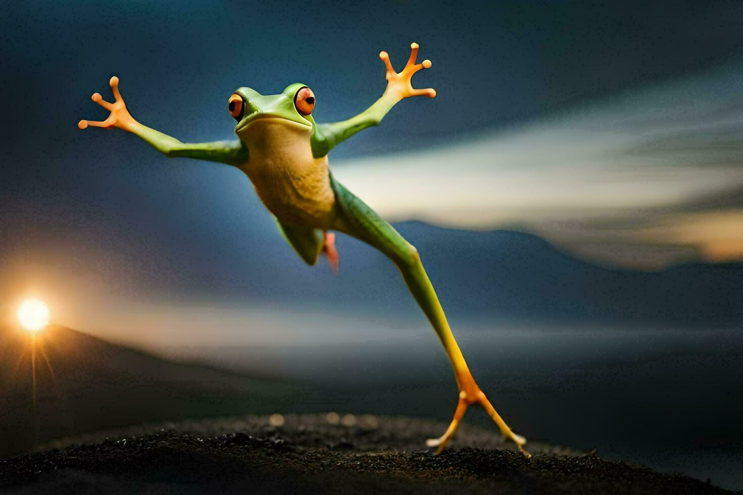 a frog jumping in the air with its legs spread. AI-Generated photo