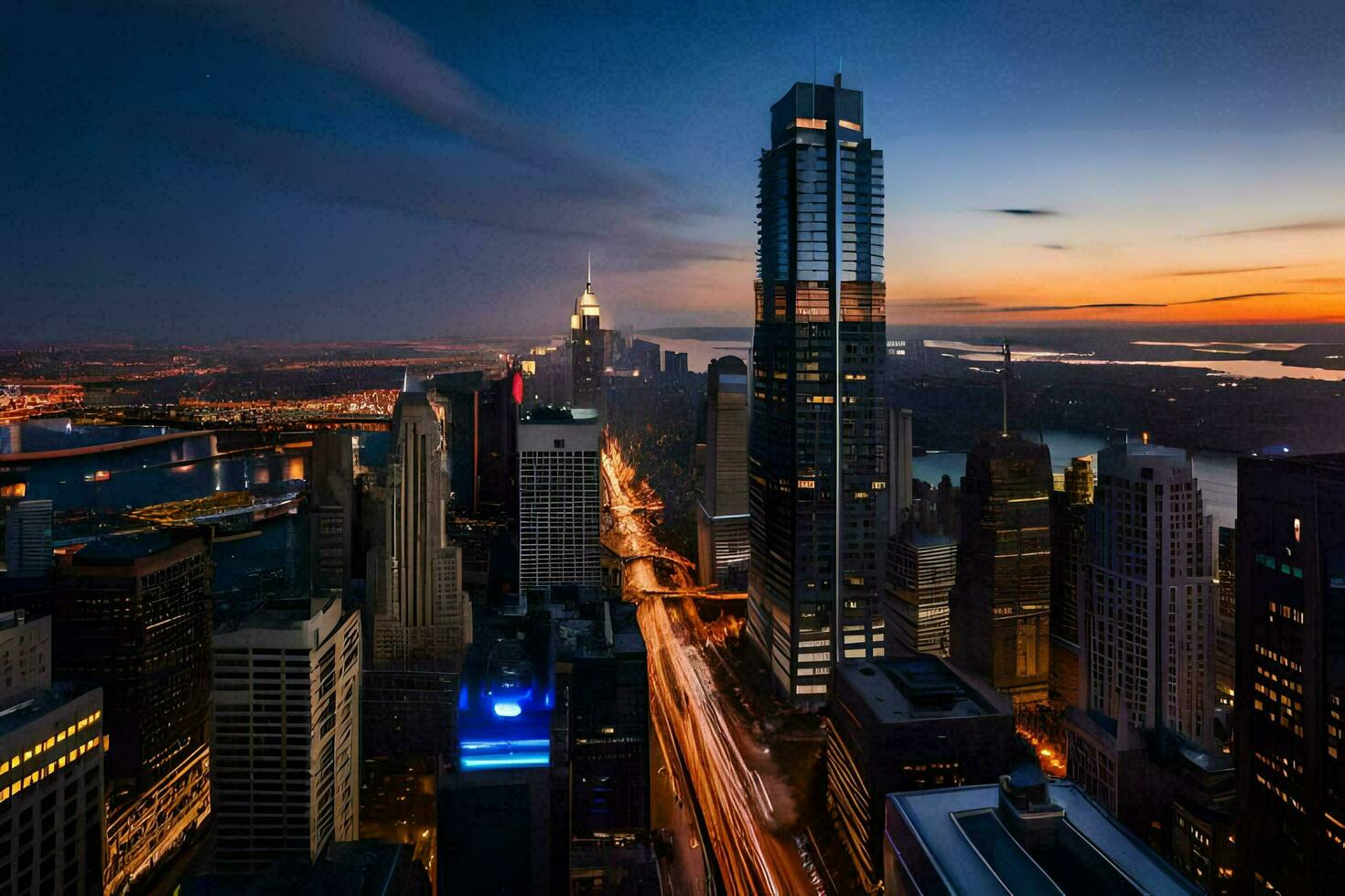 the city skyline at dusk with traffic lights. AI-Generated photo