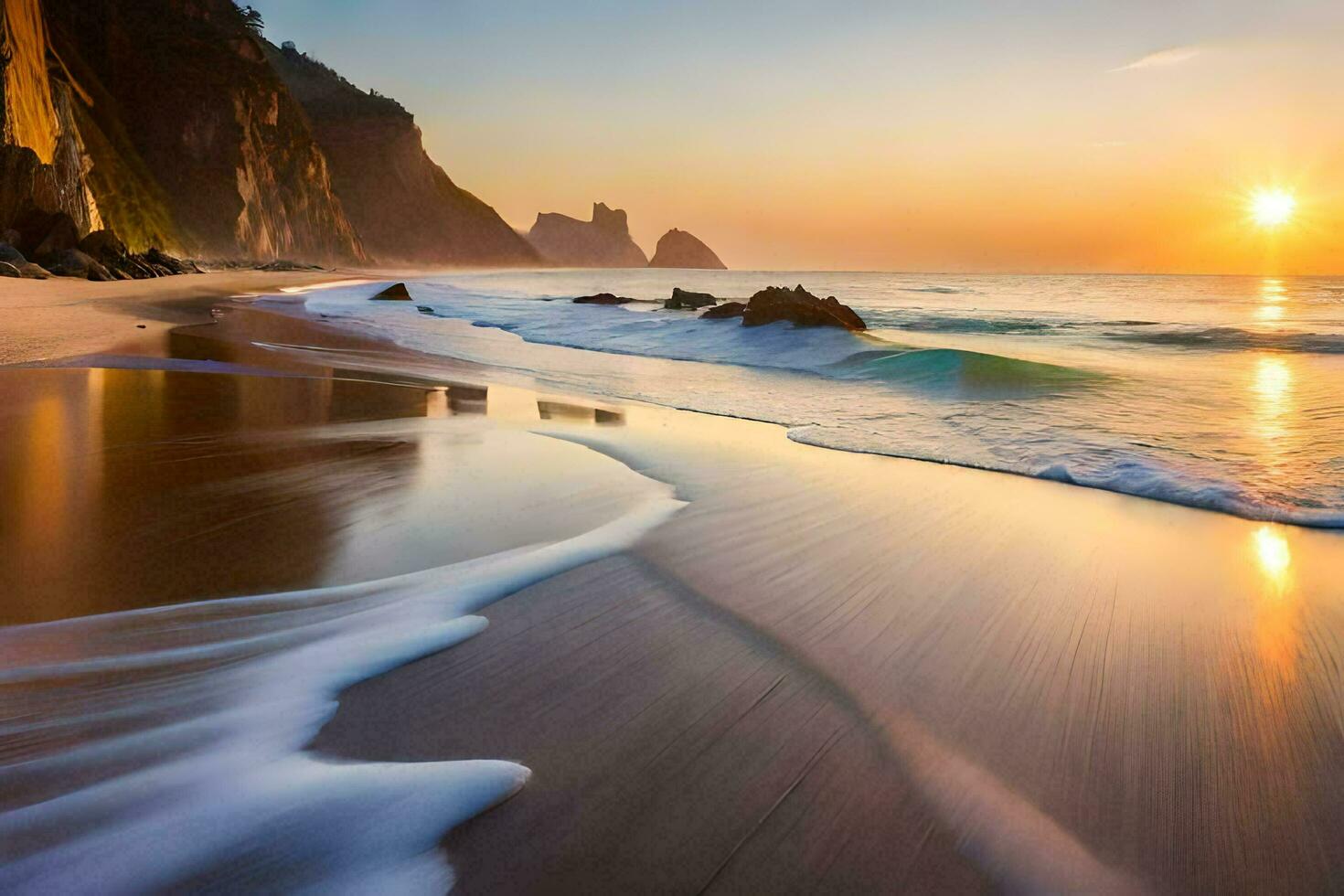 the sun rises over the ocean and waves on a beach. AI-Generated photo