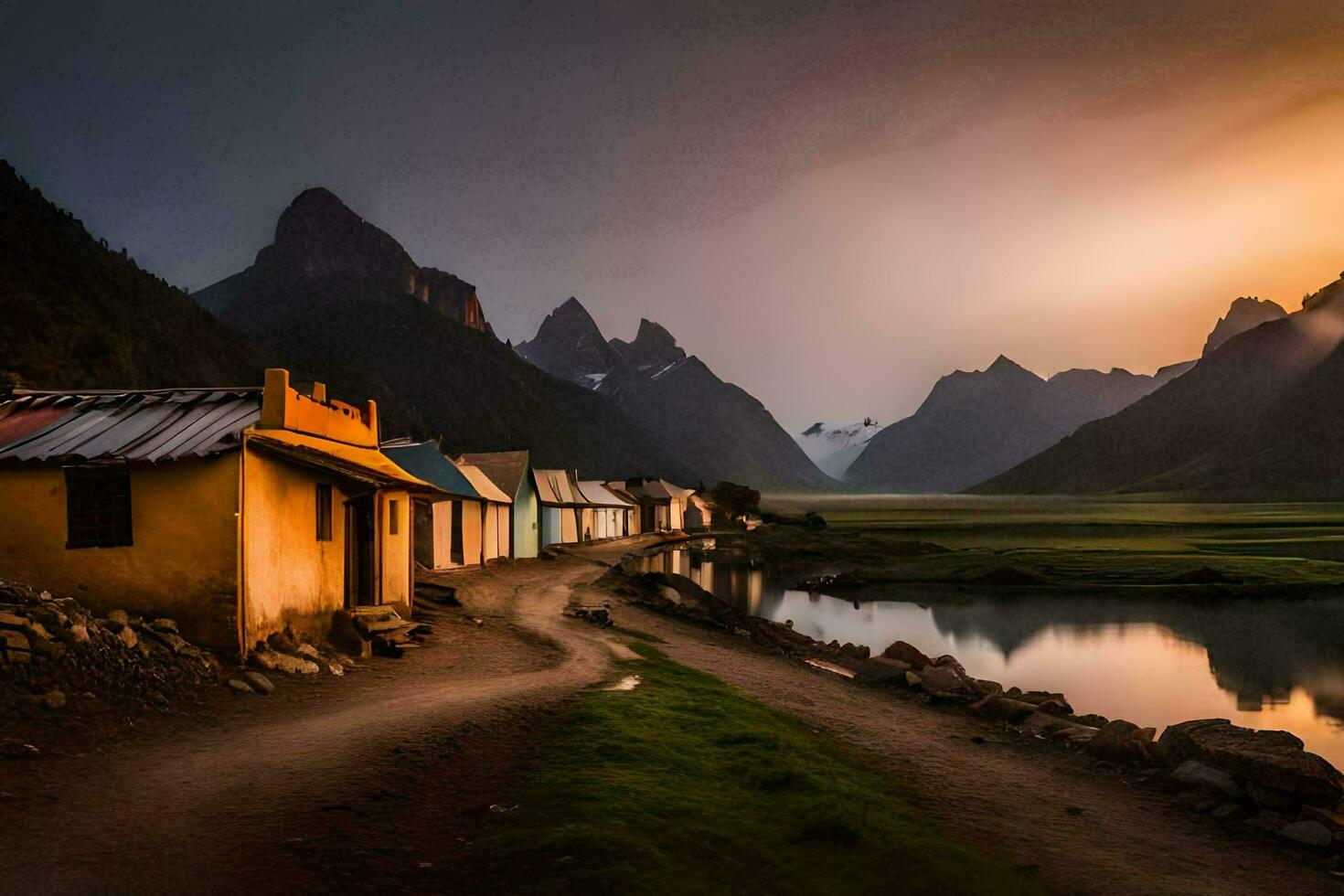 un pequeño pueblo en el montañas a puesta de sol. generado por ai foto