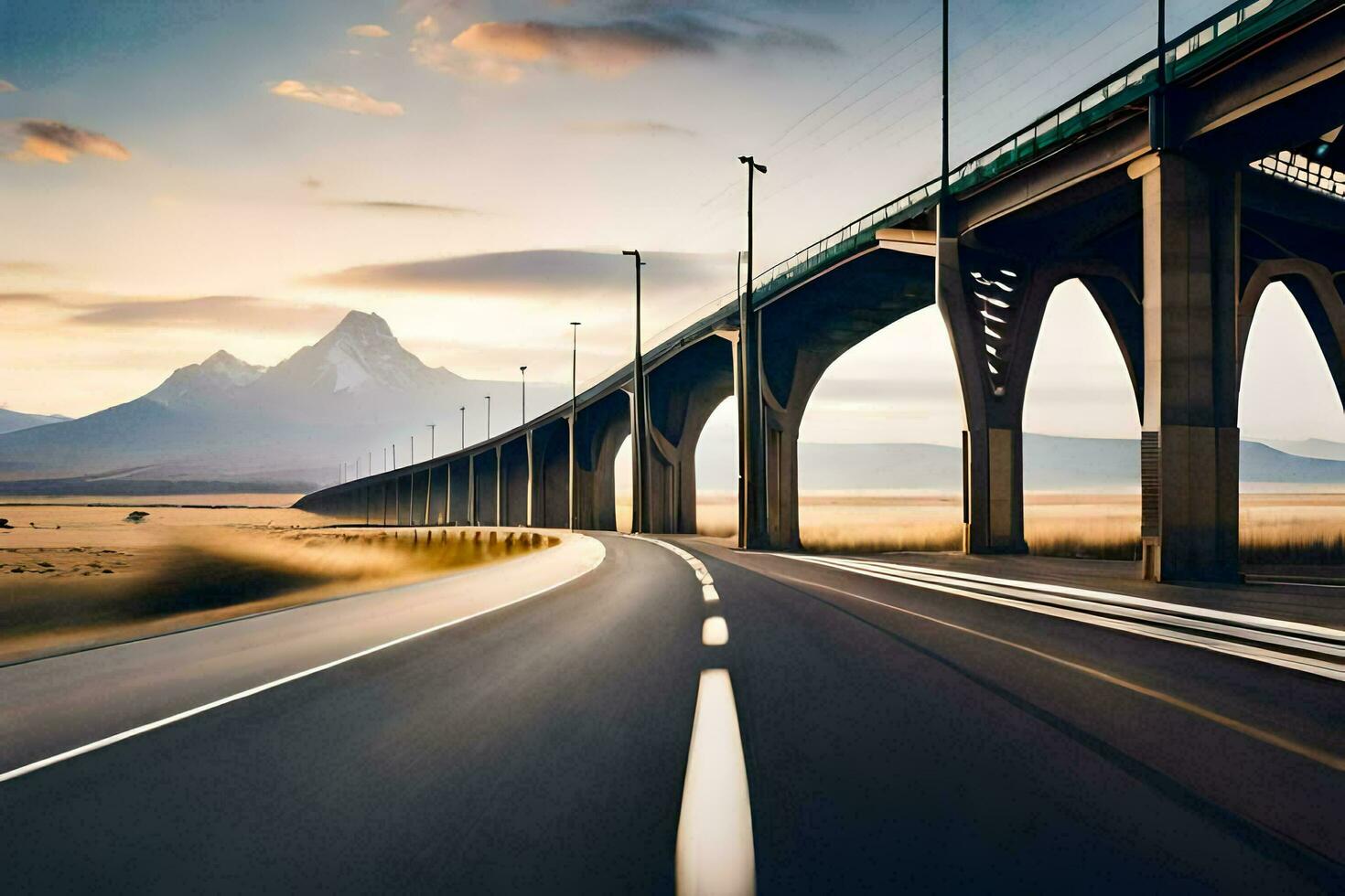 a long bridge with mountains in the background. AI-Generated photo