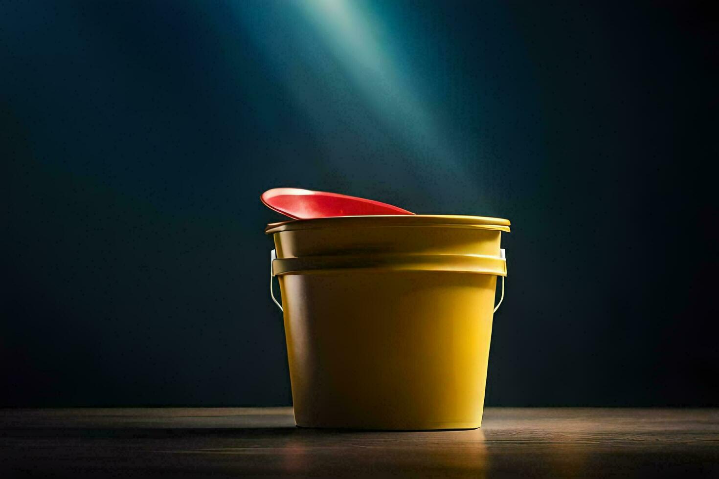 a yellow bucket with a red lid sitting on a table. AI-Generated photo