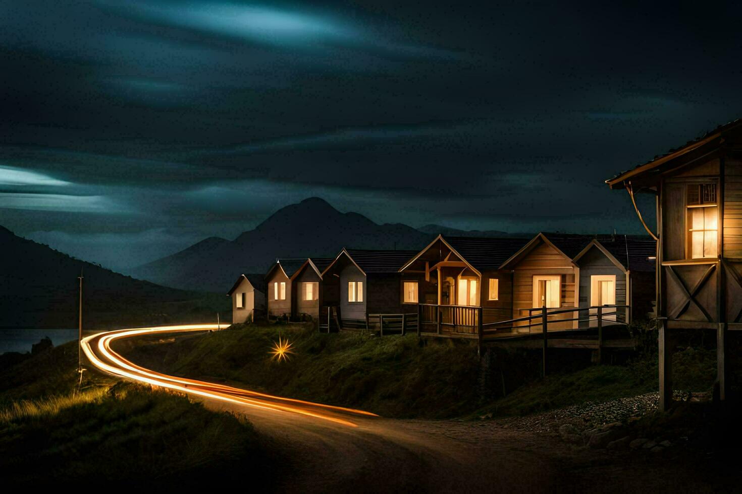 a long exposure photograph of a road at night with houses and mountains in the background. AI-Generated photo