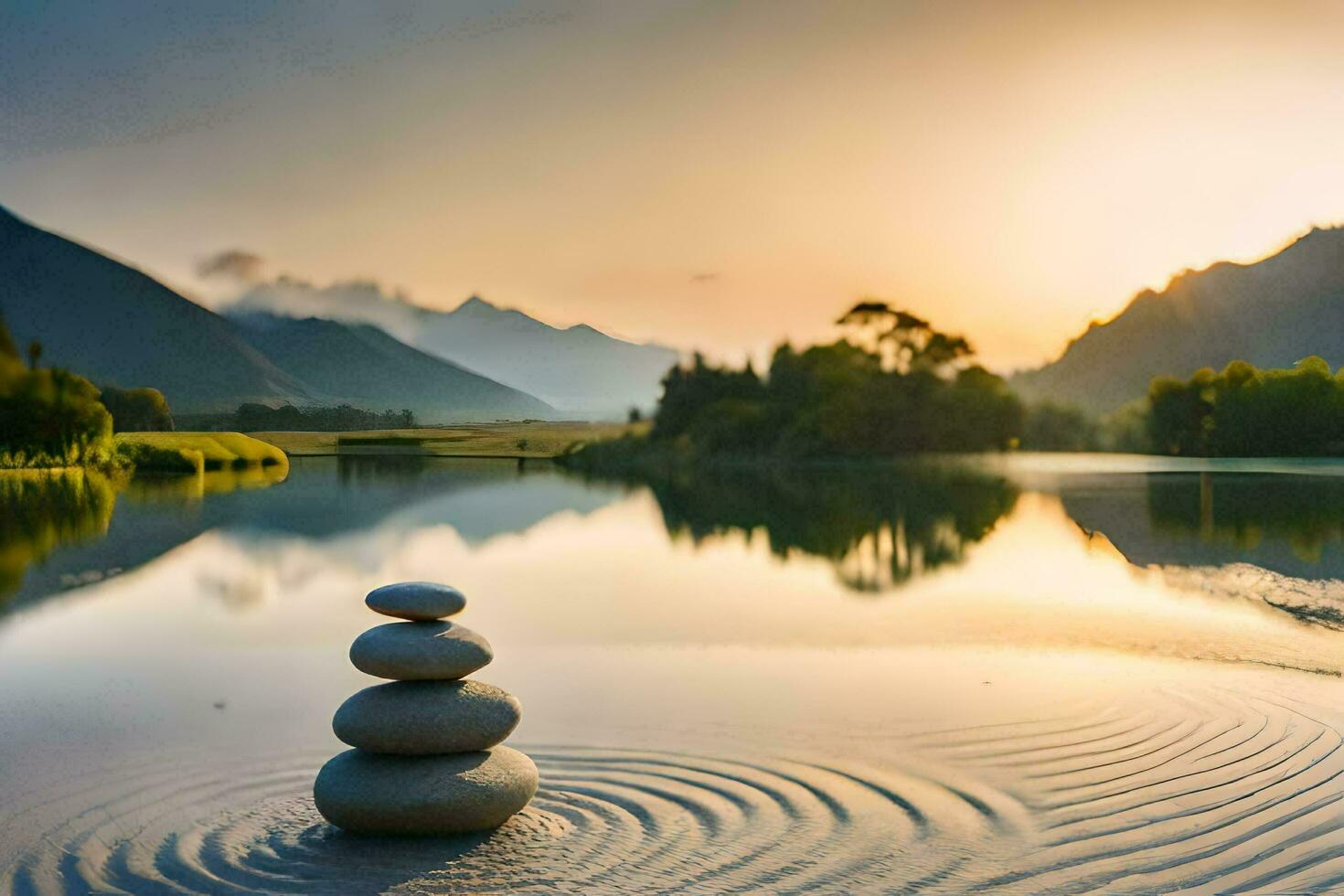 a stack of stones in the middle of a lake at sunset. AI-Generated photo