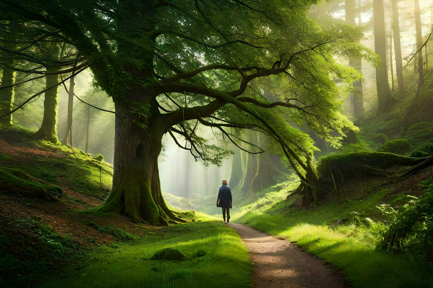 a man walks down a path in a forest. AI-Generated photo