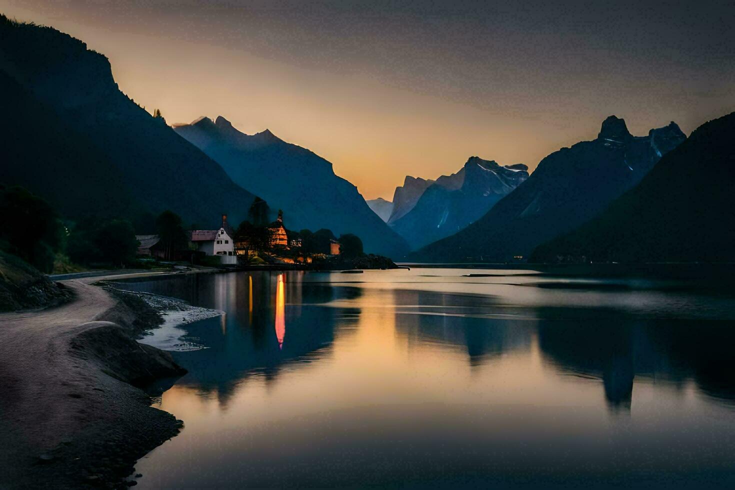 a lake and mountains at sunset. AI-Generated photo