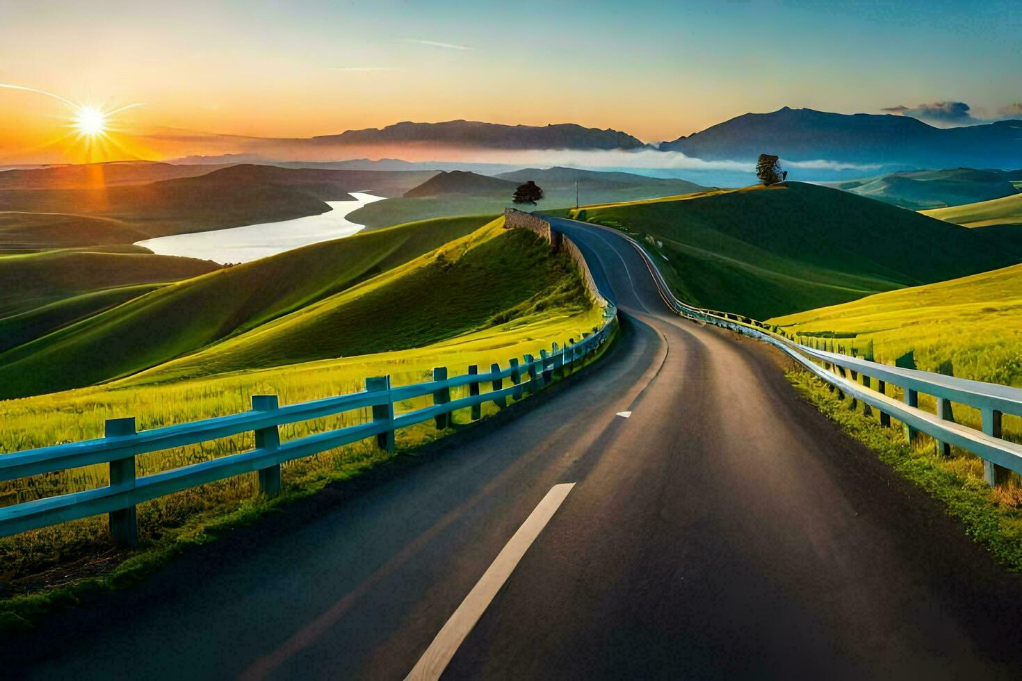 a road winding through the hills at sunset. AI-Generated photo