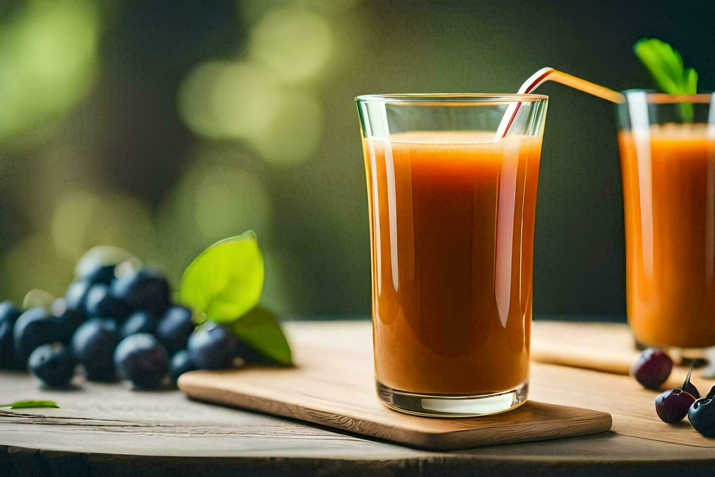 two glasses of orange juice with berries and leaves. AI-Generated photo