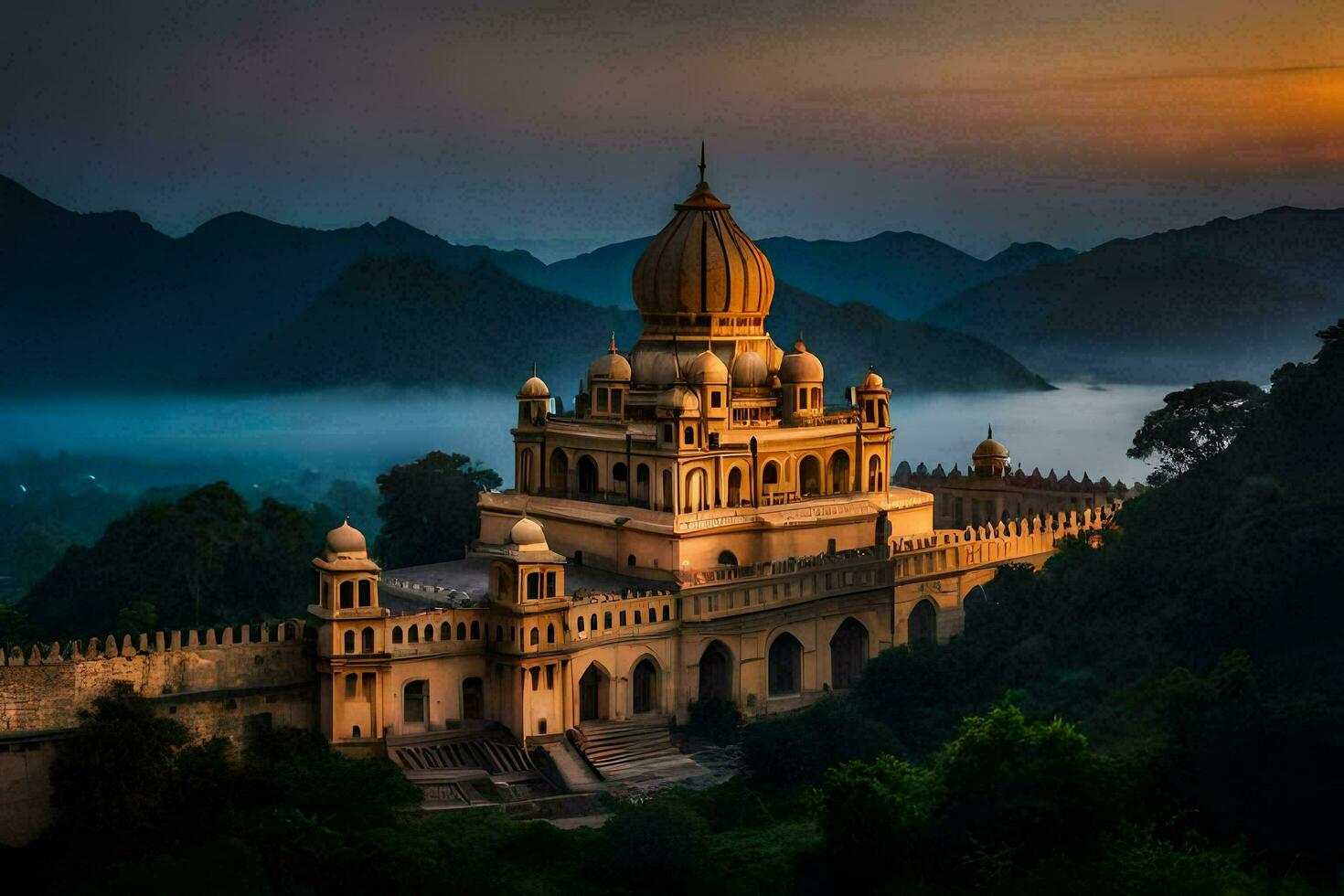 the golden temple in the mountains at sunrise. AI-Generated photo