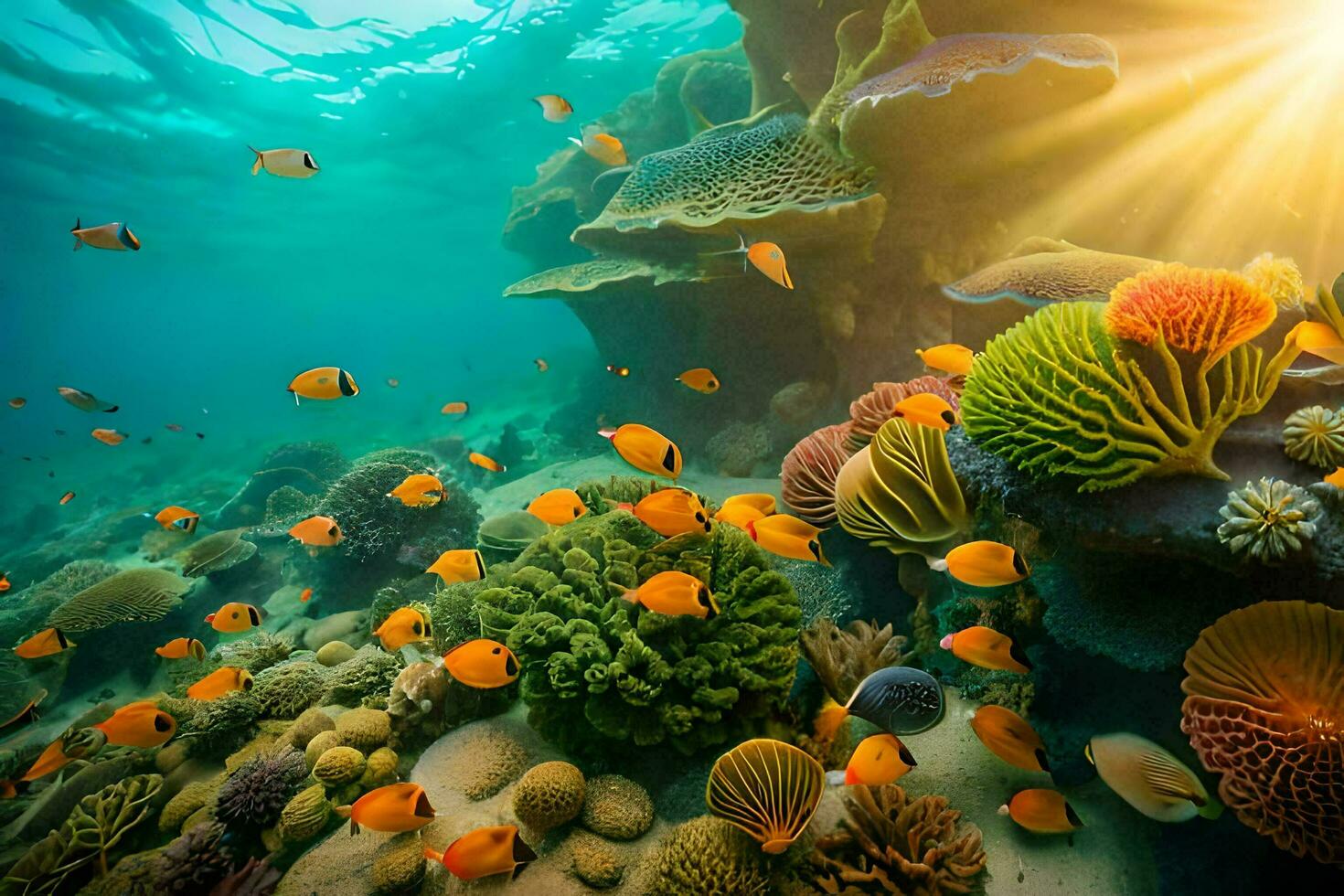 the sun shines over a coral reef with many colorful fish. AI-Generated photo