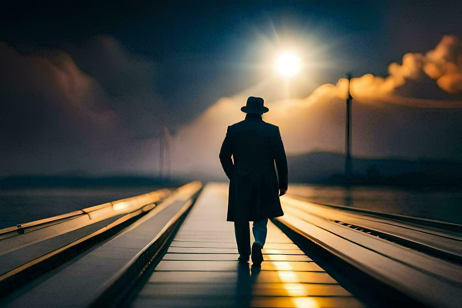 a man in a hat and coat walks along a pier at night. AI-Generated photo