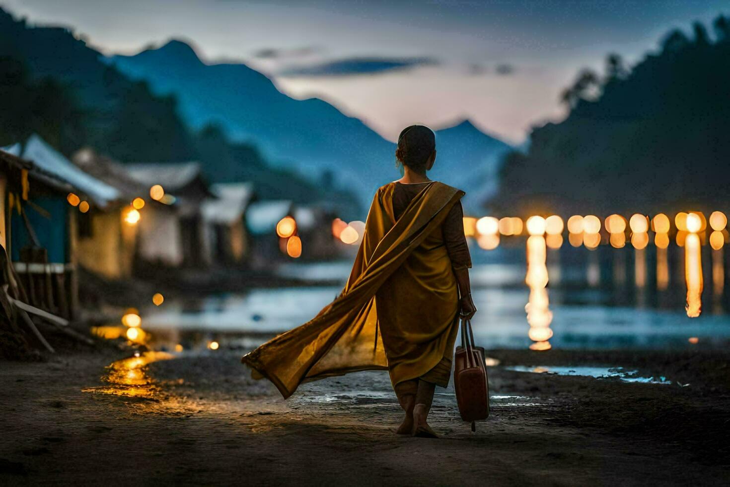 a monk walks along the shore at night. AI-Generated photo