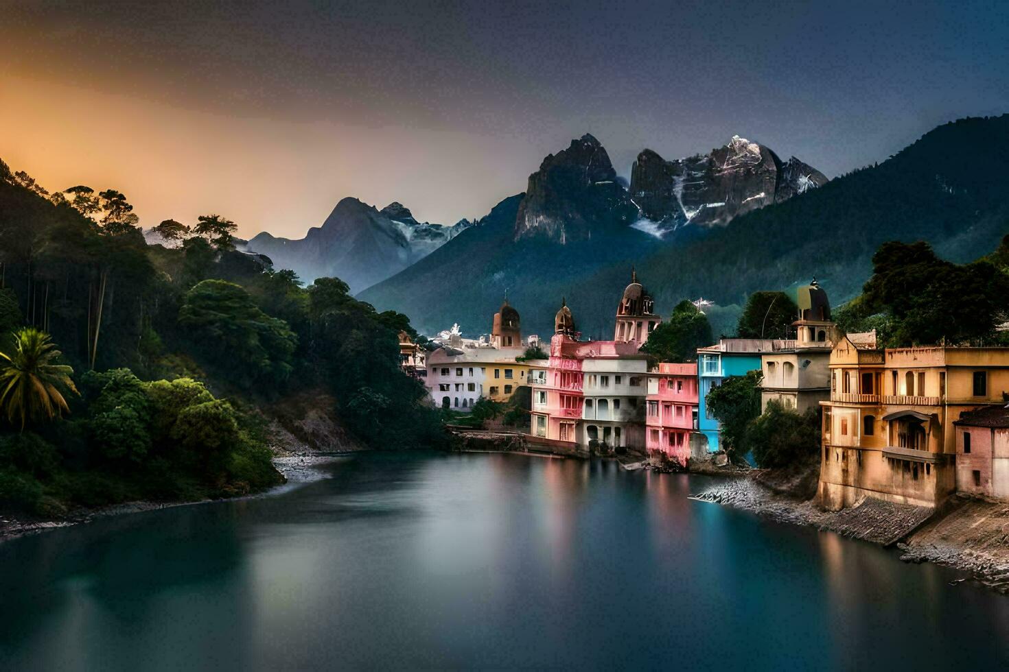 colorful houses sit on the banks of a river. AI-Generated photo