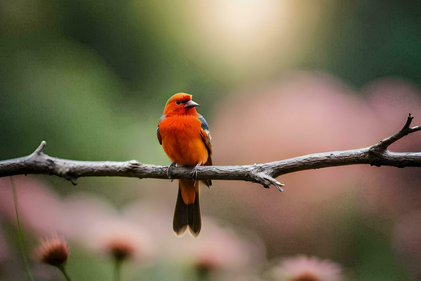 a red bird sits on a branch in front of a blurry background. AI-Generated photo