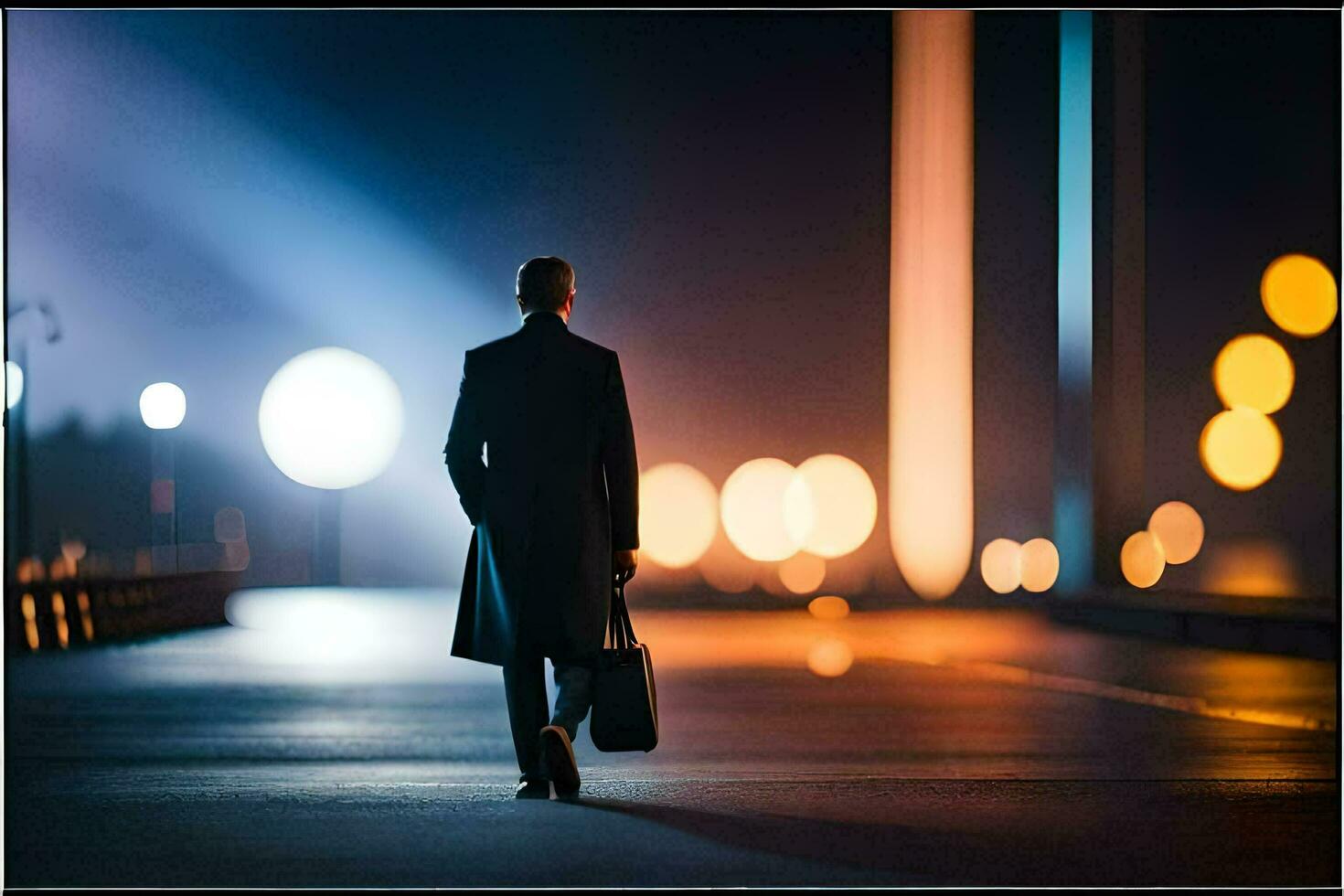un hombre caminando abajo un la carretera a noche con su maleta. generado por ai foto