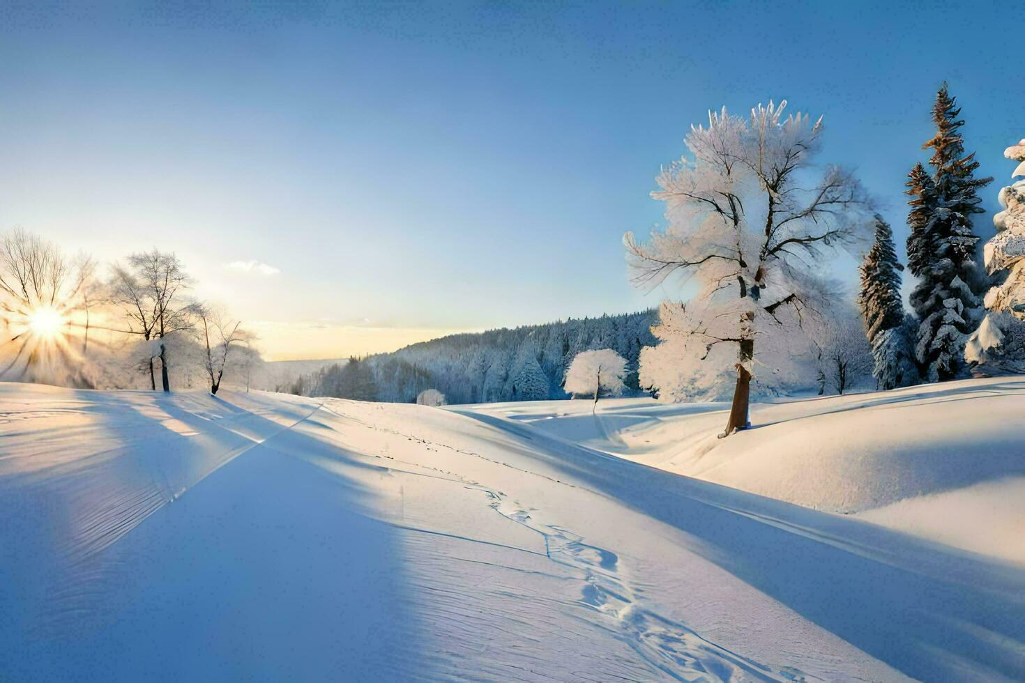 a snowy landscape with trees and sun. AI-Generated photo