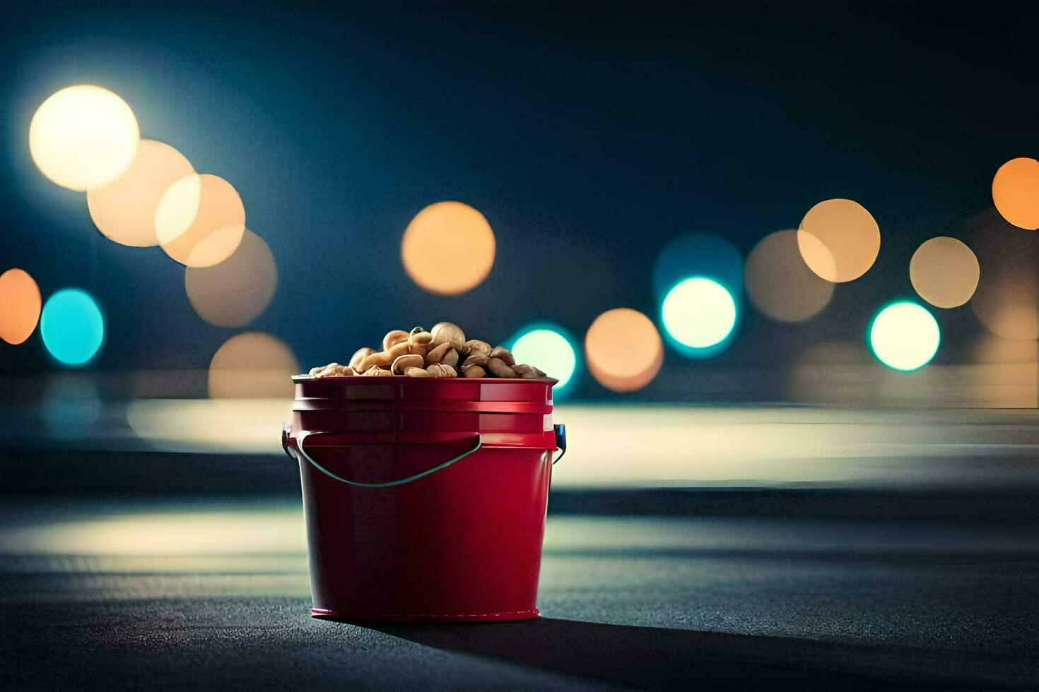 a red bucket filled with peanuts on the street at night. AI-Generated photo