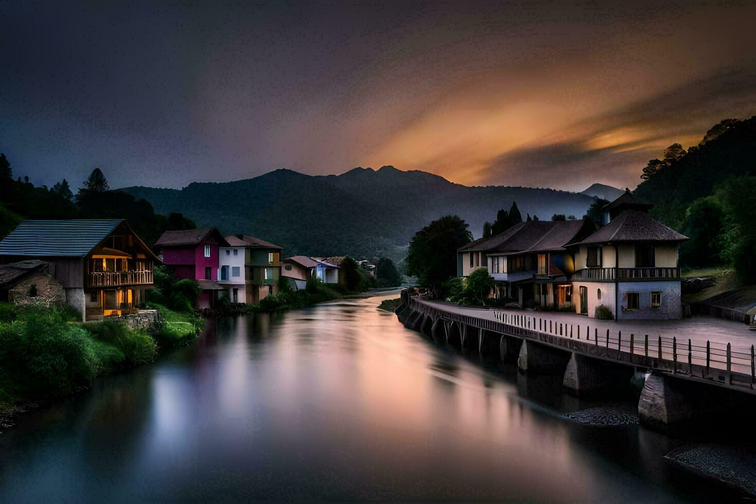 a river runs through a town at sunset. AI-Generated photo