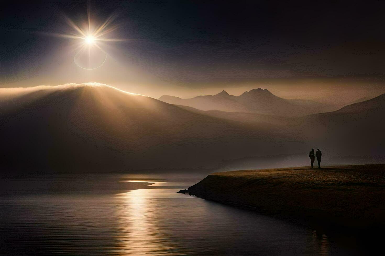 dos personas estar en un colina con vista a un lago. generado por ai foto