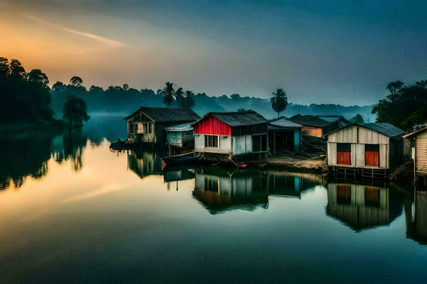 houses on the water at sunrise. AI-Generated photo