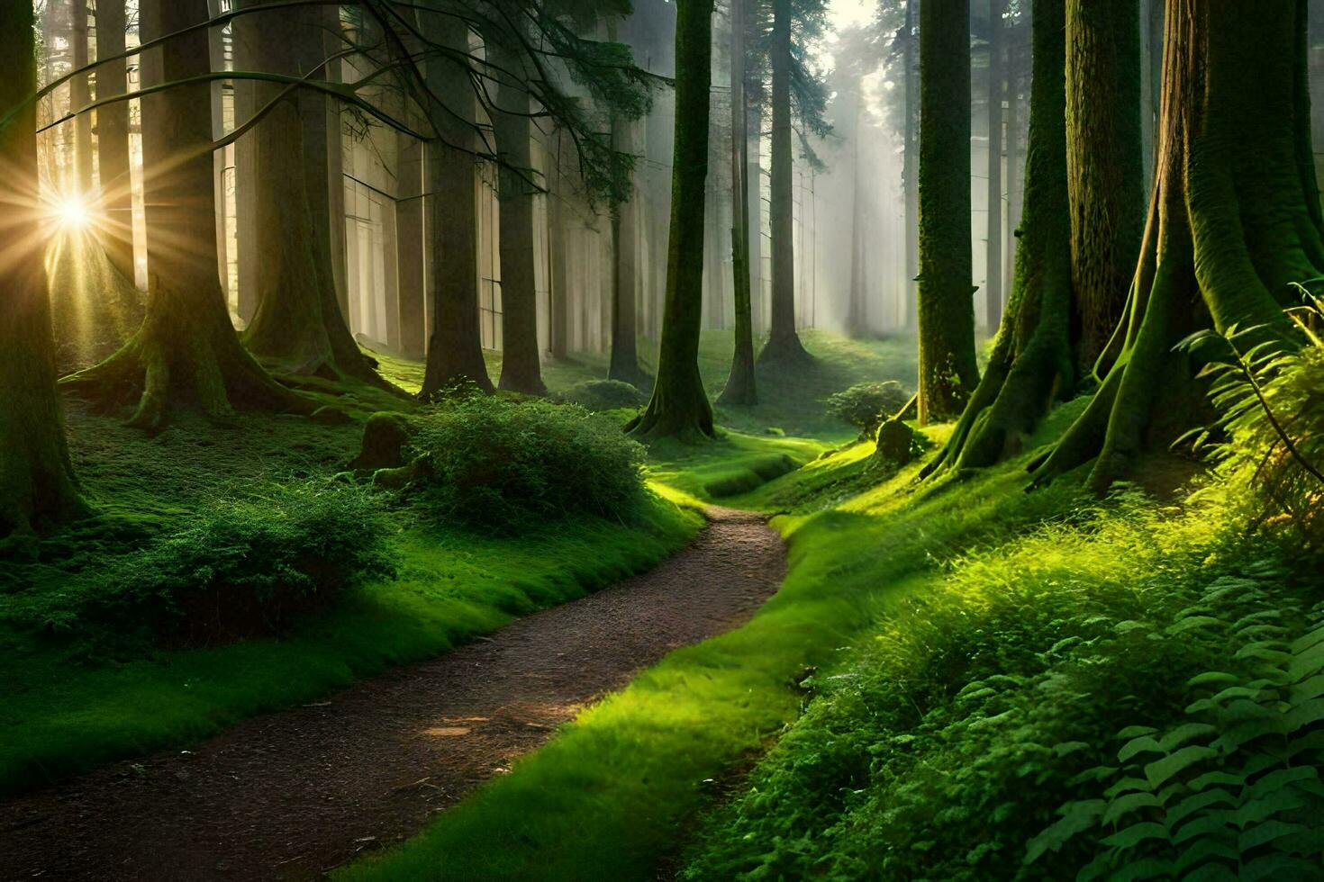 a path through a forest with trees and grass. AI-Generated photo