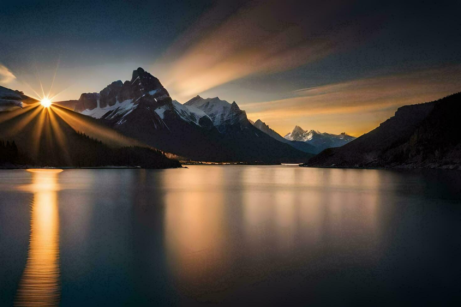 the sun shines over a mountain range and a lake. AI-Generated photo