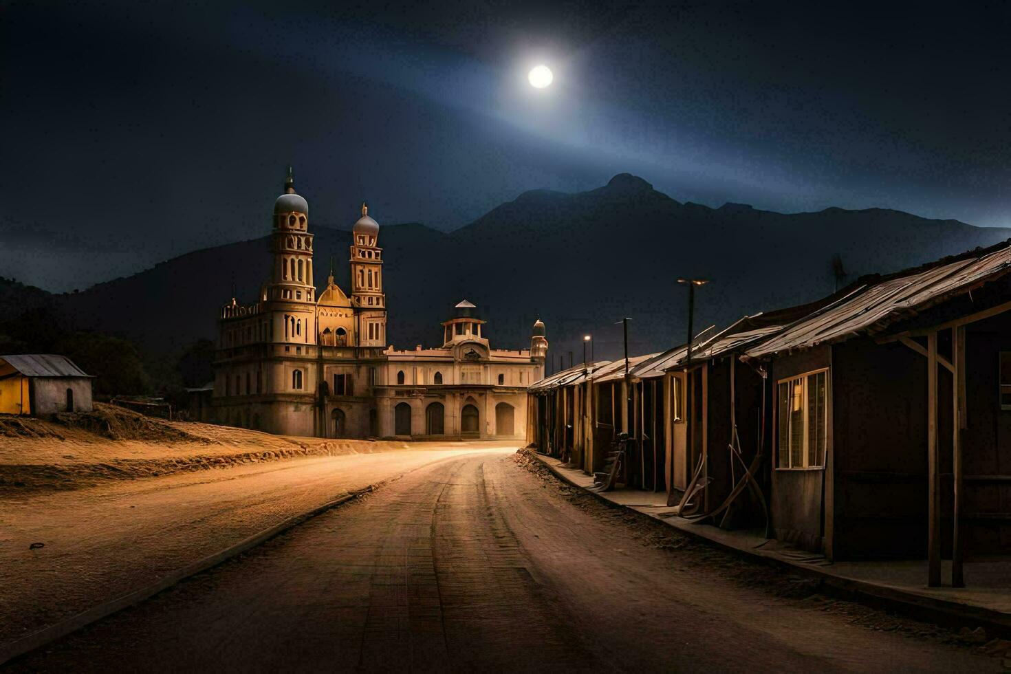 un calle con un Iglesia y montañas en el antecedentes. generado por ai foto