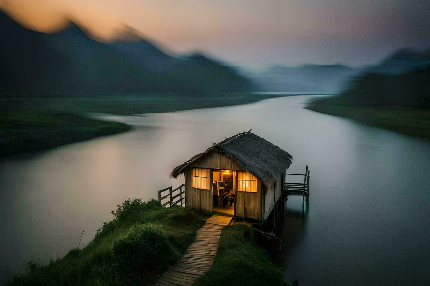 un pequeño casa se sienta en el borde de un río. generado por ai foto