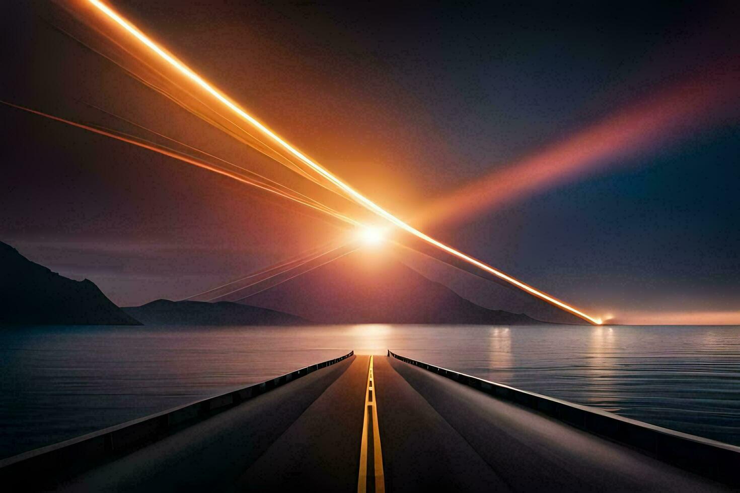 a long road with a sun shining over it. AI-Generated photo