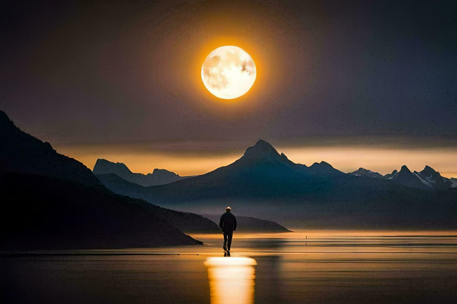 a man standing on the shore of a lake with a full moon. AI-Generated photo