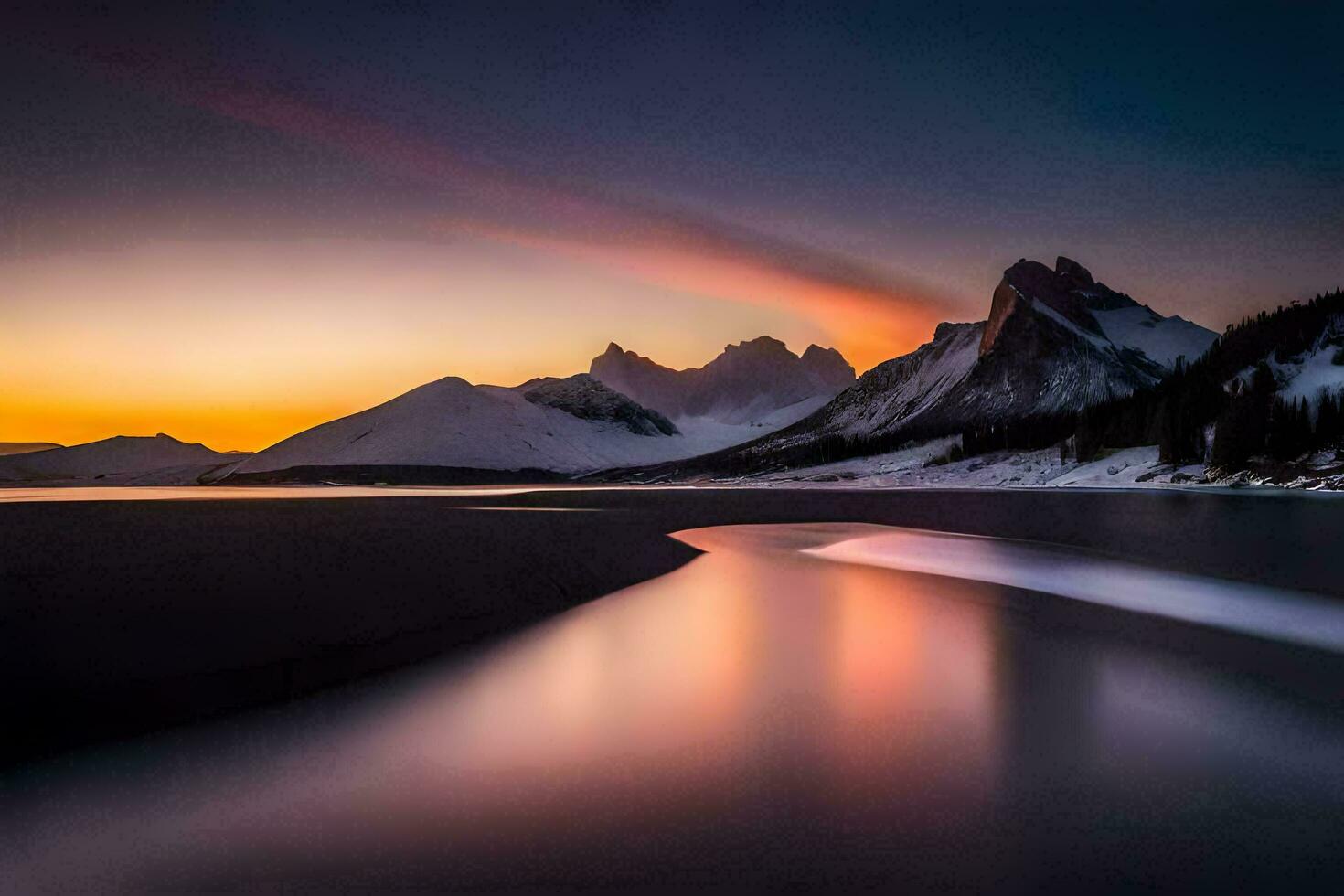 the sun sets over mountains and water. AI-Generated photo