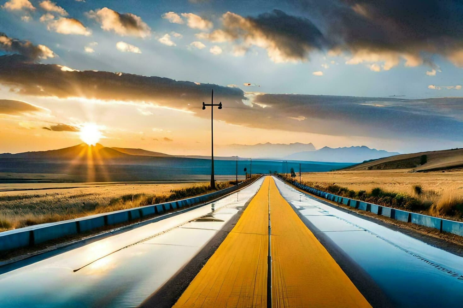 un largo la carretera con un amarillo línea en el medio de él. generado por ai foto