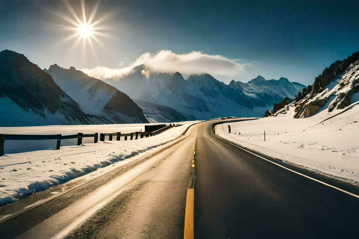 a road in the mountains with snow and sun. AI-Generated photo