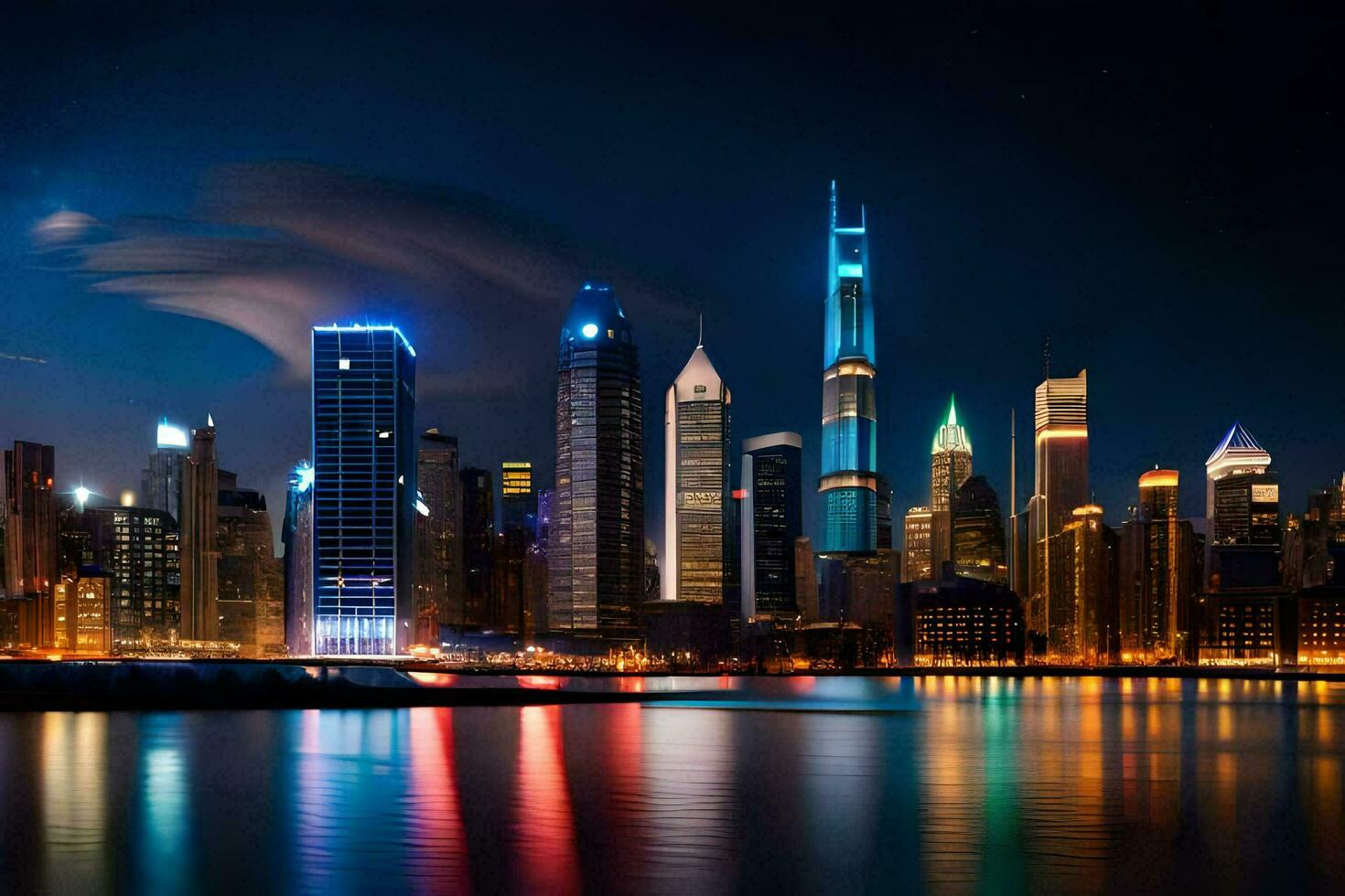 the city skyline is lit up at night. AI-Generated photo