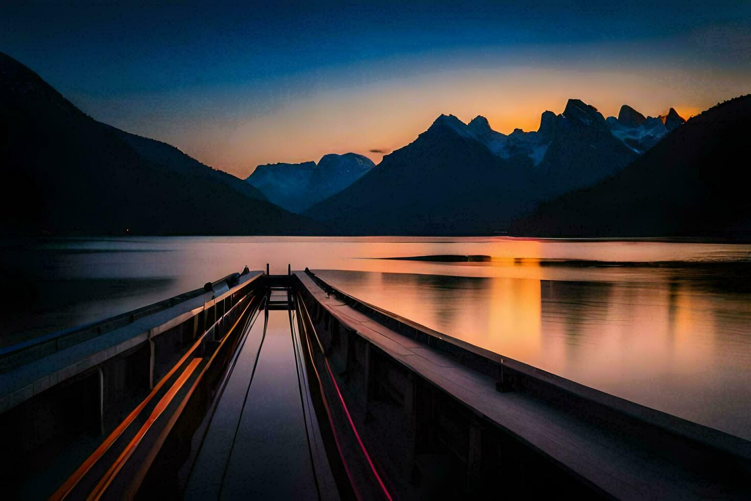 un barco es atracado a el final de un lago a puesta de sol. generado por ai foto