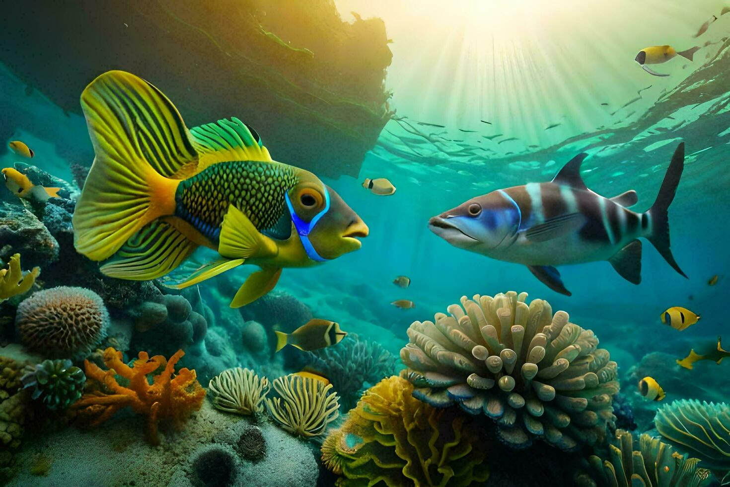 two fish swimming in the ocean with coral reefs. AI-Generated photo