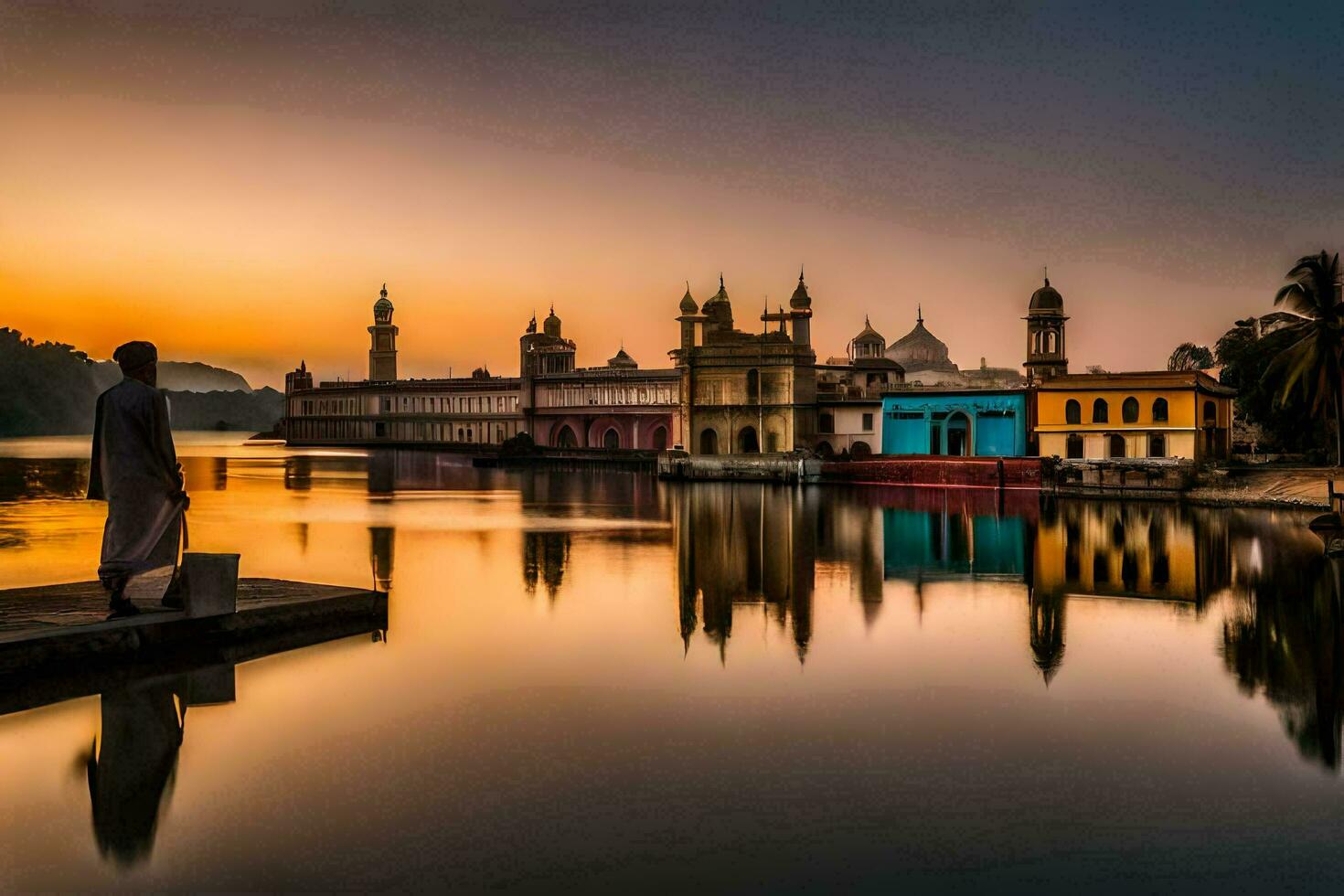 a man stands on the dock at sunset in front of a building. AI-Generated photo