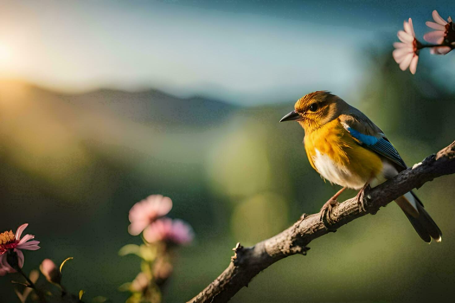 foto fondo de pantalla el cielo, flores, pájaro, naturaleza, el sol, aves, naturaleza, aves. generado por ai