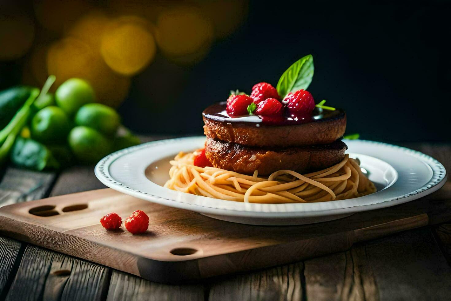 a plate with spaghetti and meat on top. AI-Generated photo