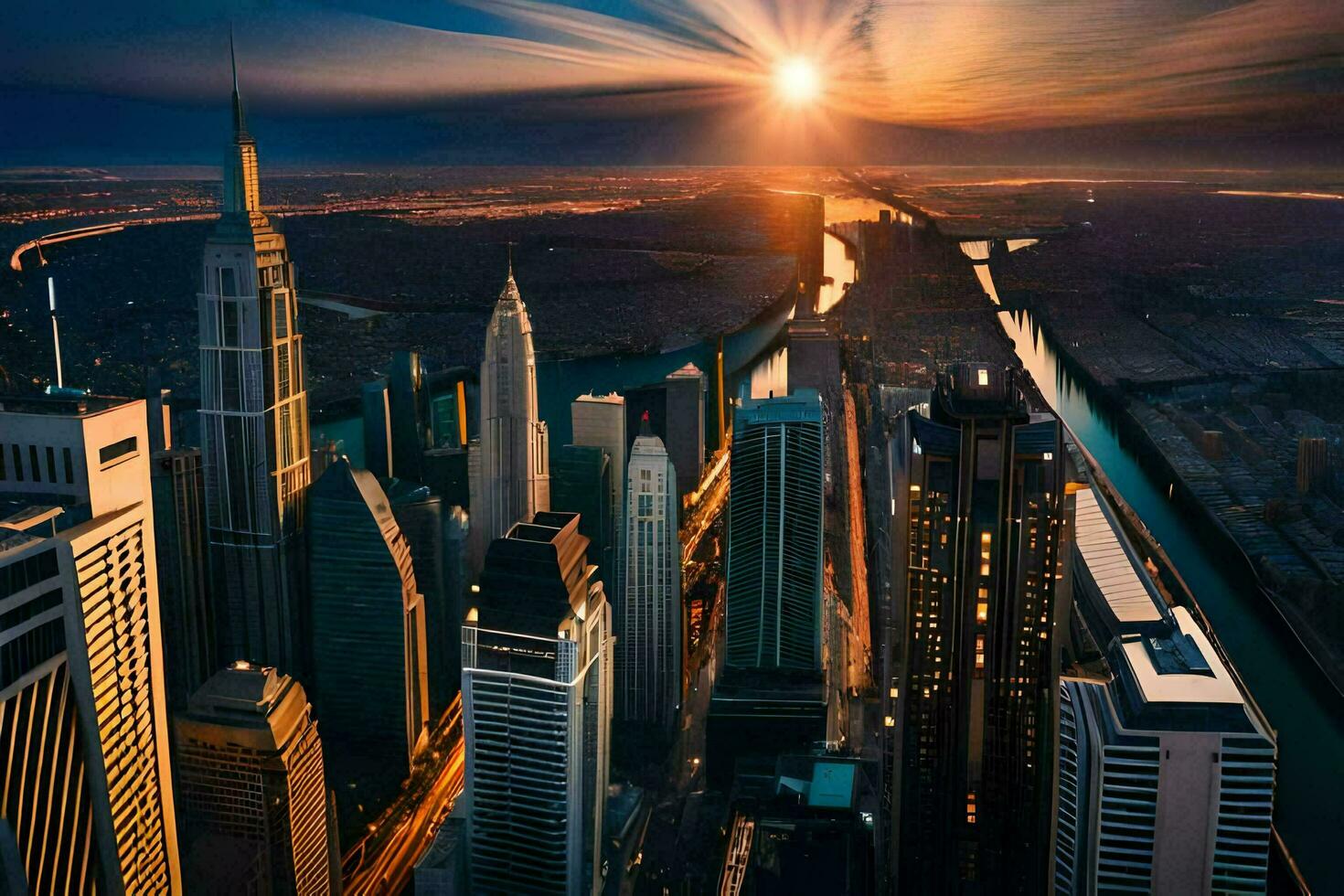 the sun sets over a city skyline. AI-Generated photo