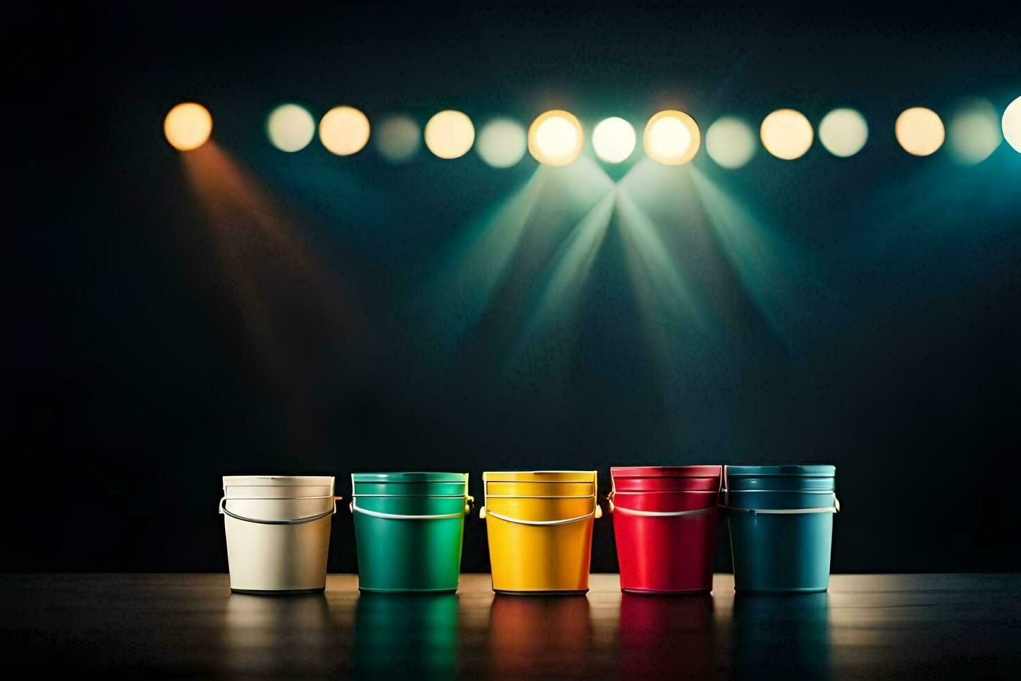 paint buckets on a dark table with lights. AI-Generated photo