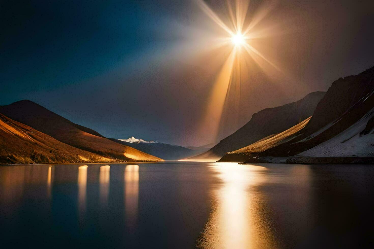 the sun shines over a lake and mountains. AI-Generated photo