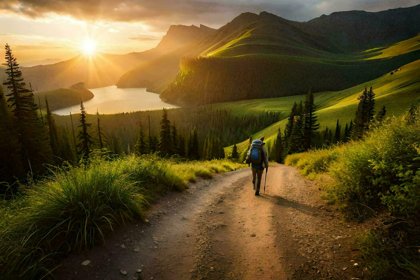 a man walks down a dirt road in the mountains. AI-Generated photo