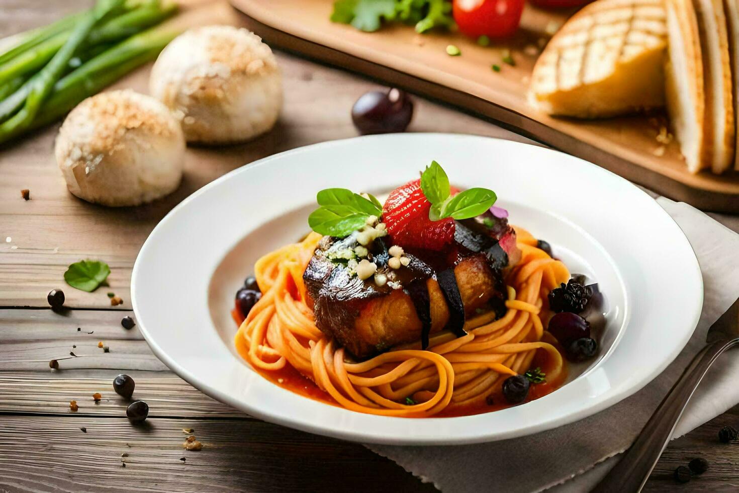 spaghetti with meatballs and tomato sauce on a wooden table. AI-Generated photo