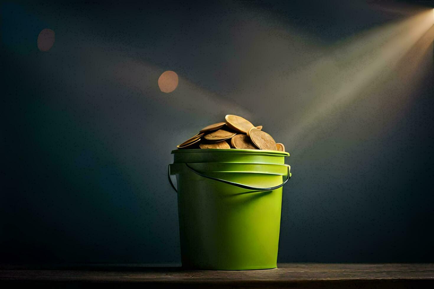 a bucket filled with coins on a table. AI-Generated photo